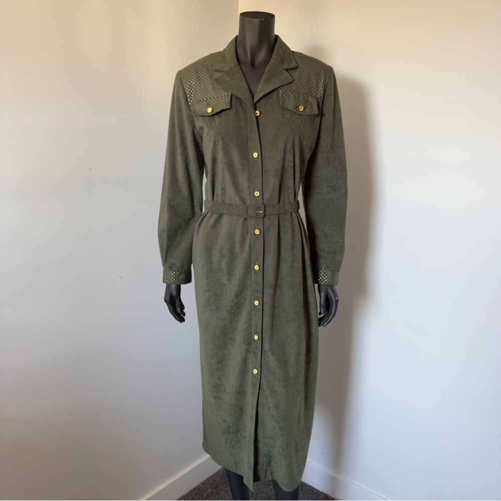 126. VTG JDB Jandabar Olive Green Long Sleeve Belted Button-Up Maxi Dress 10